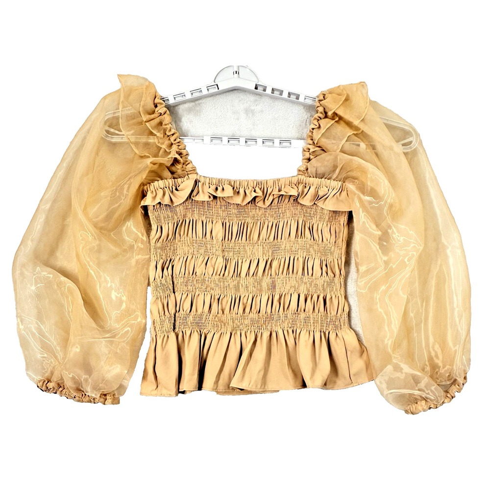 NWOT Jess Lea Square Neck Blouse Golden Shimmer L Smocking Balloon Sheer Sleeves